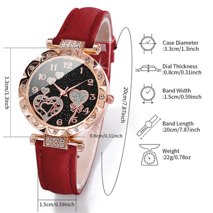 6PCS Heart Dial Women's Quartz Watch & Leaf Bracelets Set - Elegant Leather Band