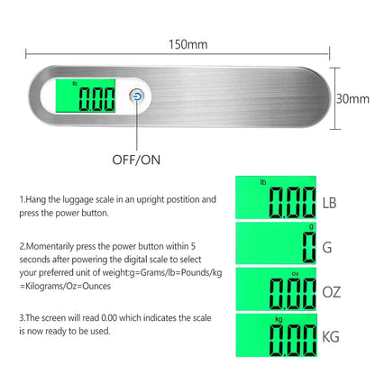 ميزان أمتعة محمول بشاشة LCD رقمية 50 كجم/110 رطل مع حزام - أداة قياس وزن السفر
