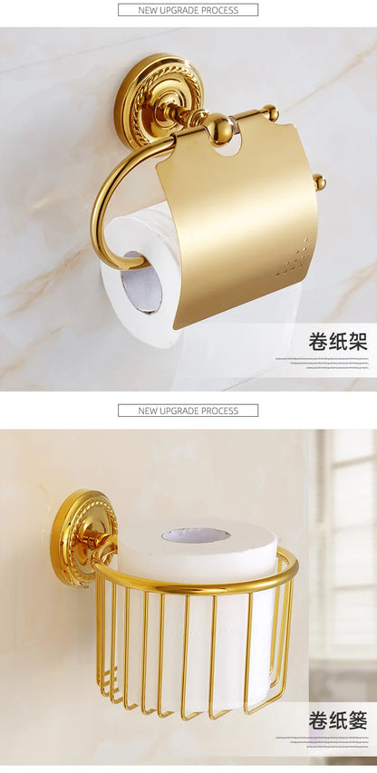 Solid Brass Bathroom Hardware Set - Gold Polished Toothbrush Holder, Paper Holder, Towel Bar, and Towel Rack