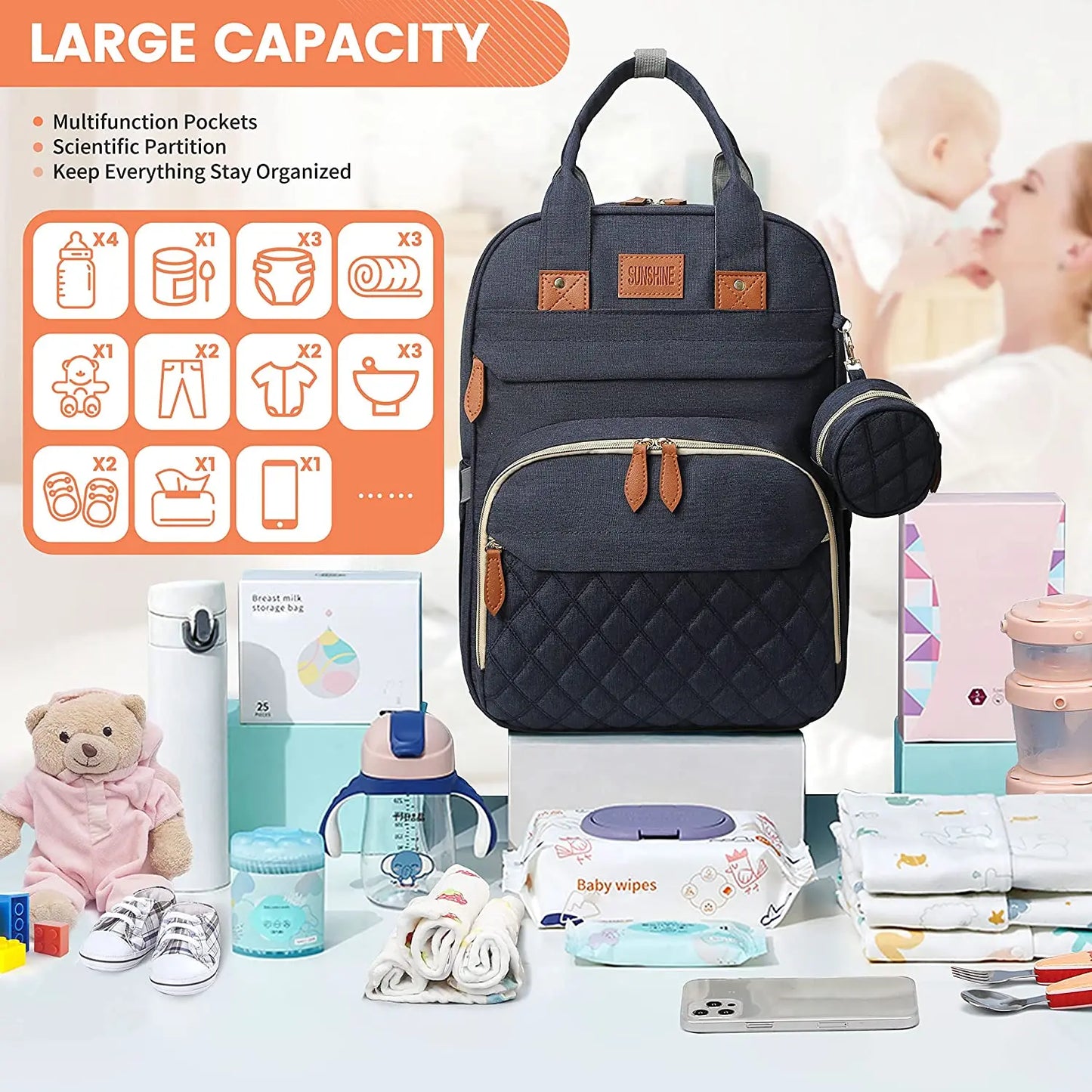 3-in-1 Diaper Bag Backpack with Foldable Baby Bed & USB Charging - Waterproof Travel Bag with Changing Pad