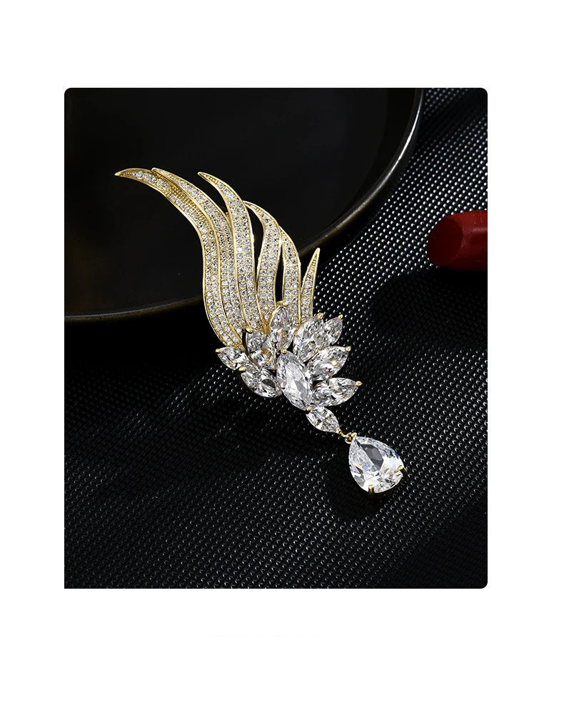 Exquisite Luxury Angel Feather Pendant Pin with Rhinestones and Crystal Brooch – Elegant Classic Jewelry for Women