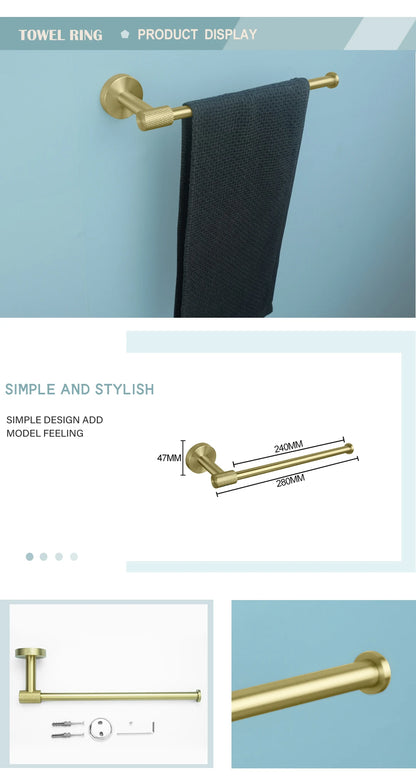 Brushed Gold Bathroom Hardware Kit - Wall-Mounted Hand Towel Bar, Toilet Roll Holder, Robe Hook, and Cup Hanger