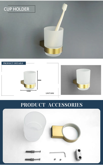 Brushed Gold Bathroom Accessory Set: Towel Bar, Toilet Paper Holder, Towel Rack, Hook, Toilet Brush, and Soap Dispenser