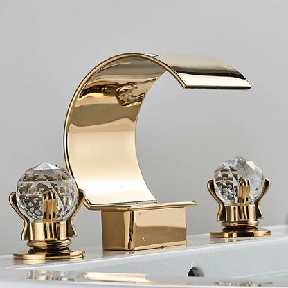 Luxury Golden Waterfall Basin Faucet - Brass Deck Mounted Tap with Crystal Double Handles for Bathroom Bathtub