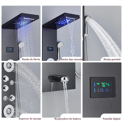 Duschpaneelsystem mit LED-Beleuchtung, Wasserfall-Regen und SPA-Massagedüsen – Digitalanzeige, Thermostathahn und gebürstetes Nickel-Finish