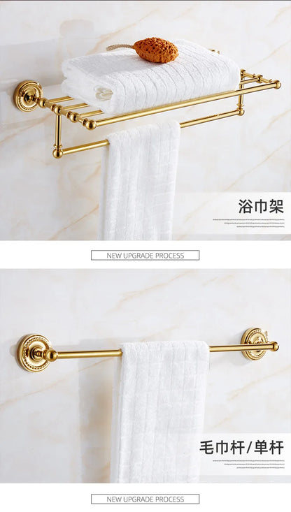 Solid Brass Bathroom Hardware Set - Gold Polished Toothbrush Holder, Paper Holder, Towel Bar, and Towel Rack