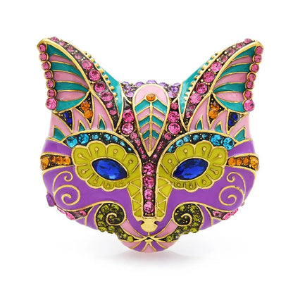 Vintage Cat Mask Enamel Brooch with Crystal Accents – Retro Baroque Palace Style with Drip Oil Detailing, Perfect for Suits and Office Wear