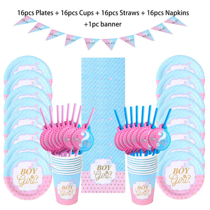 Gender Reveal Disposable Tableware Set – Baby Shower Party Decorations with Paper Plates, Cups, and Latex Balloons for Boys or Girls