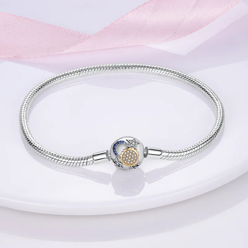 Sterling Silver 925 Bracelet with Star, Moon, Sun, and Four-Leaf Clover – Adjustable 17-20 cm