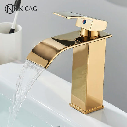 Gold Bathroom Basin Faucet - Waterfall Outlet Sink Mixer with Deck Installation, Cold and Hot Mixing Crane