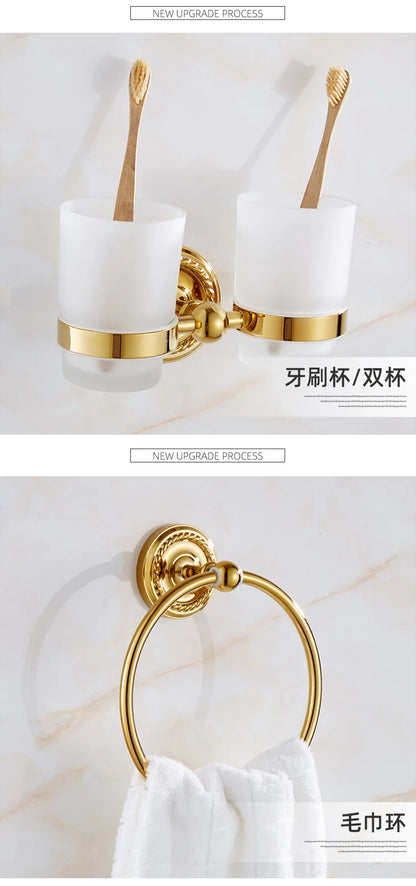 Solid Brass Bathroom Hardware Set - Gold Polished Toothbrush Holder, Paper Holder, Towel Bar, and Towel Rack