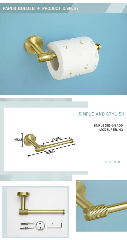 Brushed Gold Bathroom Hardware Kit - Wall-Mounted Hand Towel Bar, Toilet Roll Holder, Robe Hook, and Cup Hanger