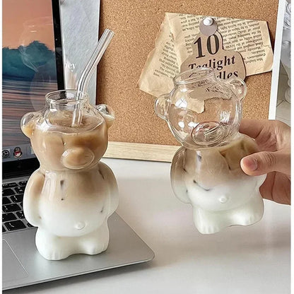 320ml Cute Bear Transparent Coffee Mug with Straw – Versatile Drinkware for Coffee, Milk, Beer, and More