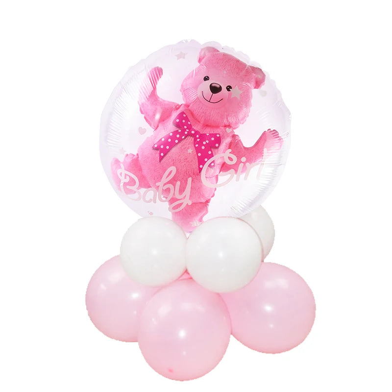 4D Transparent Baby Shower Balloon - Gender Reveal Bear Design for Boys and Girls, 1st Birthday Party Decoration, Blue and Pink Helium Balloon