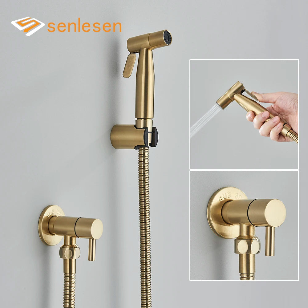 Senlesen Brushed Gold Stainless Steel Handheld Bidet Sprayer – Single Cold Water Tap for Bathroom Hygiene