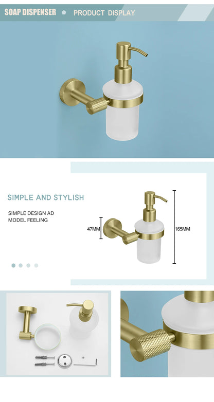 Brushed Gold Bathroom Hardware Kit - Wall-Mounted Hand Towel Bar, Toilet Roll Holder, Robe Hook, and Cup Hanger