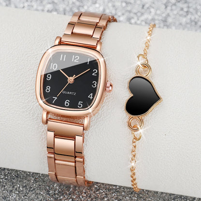 2PCS Women's Square Quartz Watch & Heart Bracelet Set - Fashionable Steel Band