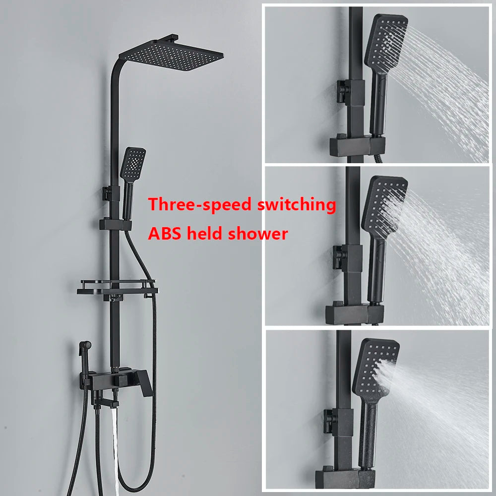 Thermostatic Display Shower Faucet Set with Rainfall Showerhead and Bidet Spray - Black/Chrome Finish with Built-in Bathroom Shelf