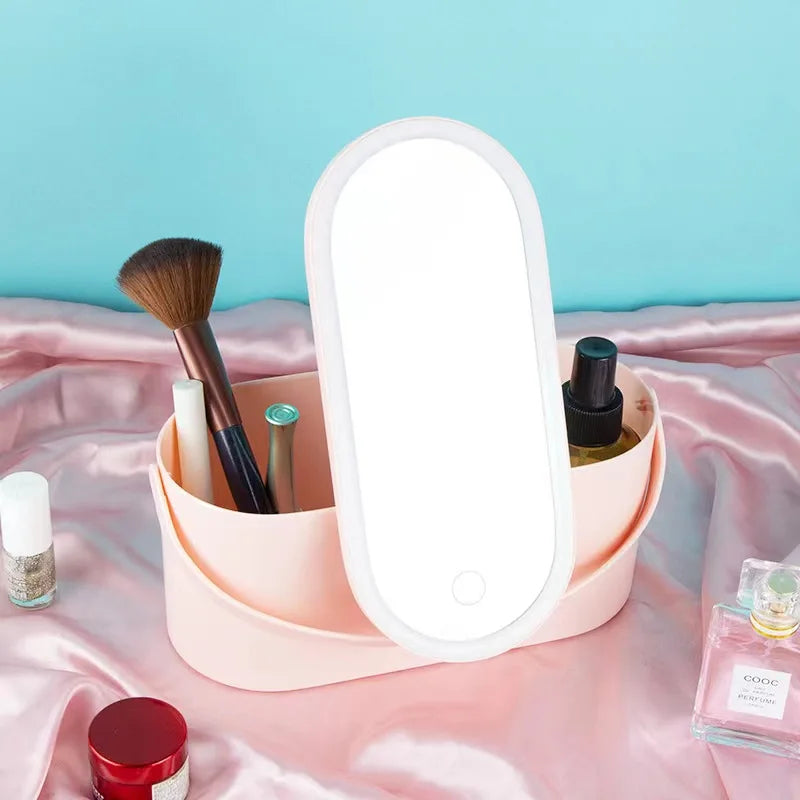 Portable Makeup Organizer with LED Light Mirror – Travel Cosmetic Storage Case with Touch-Activated Light