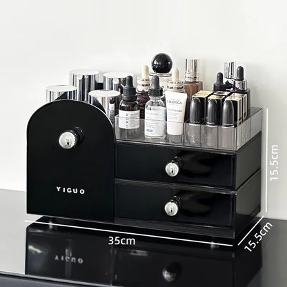 Elegant Vanity Makeup Organizer with Drawers - Premium Cosmetic Display Case with Brush and Lipstick Holders, Plus Jewelry Storage