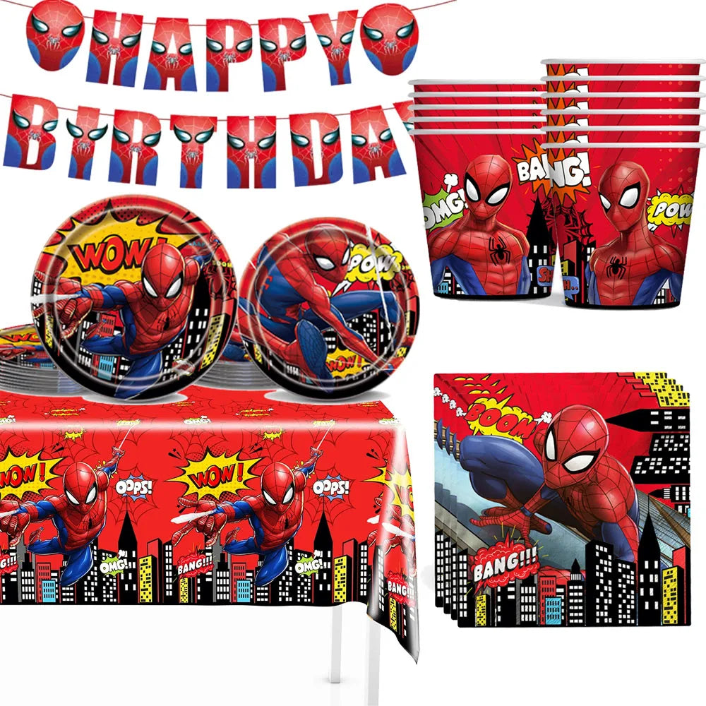 Spider-Man Birthday Party Supplies - Superhero Tableware Set: Plates, Napkins, Tablecloths, and Banners for Kids' Birthday Celebration