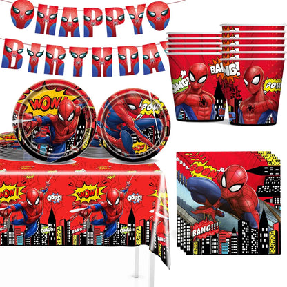 Spider-Man Birthday Party Supplies - Superhero Tableware Set: Plates, Napkins, Tablecloths, and Banners for Kids' Birthday Celebration