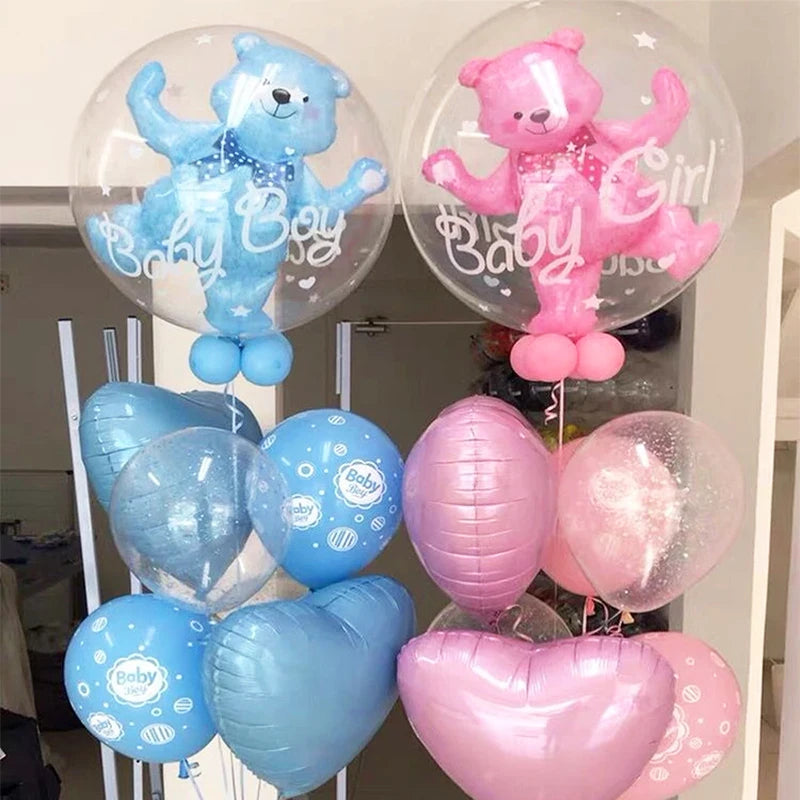 4D Transparent Baby Shower Balloon - Gender Reveal Bear Design for Boys and Girls, 1st Birthday Party Decoration, Blue and Pink Helium Balloon