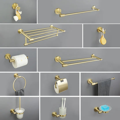 Brushed Gold Bathroom Hardware Kit - Wall-Mounted Hand Towel Bar, Toilet Roll Holder, Robe Hook, and Cup Hanger