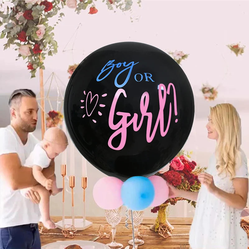 36'' Giant Black Latex Balloon with Blue and Pink Confetti – Perfect for Baby Shower or Gender Reveal Party Decoration