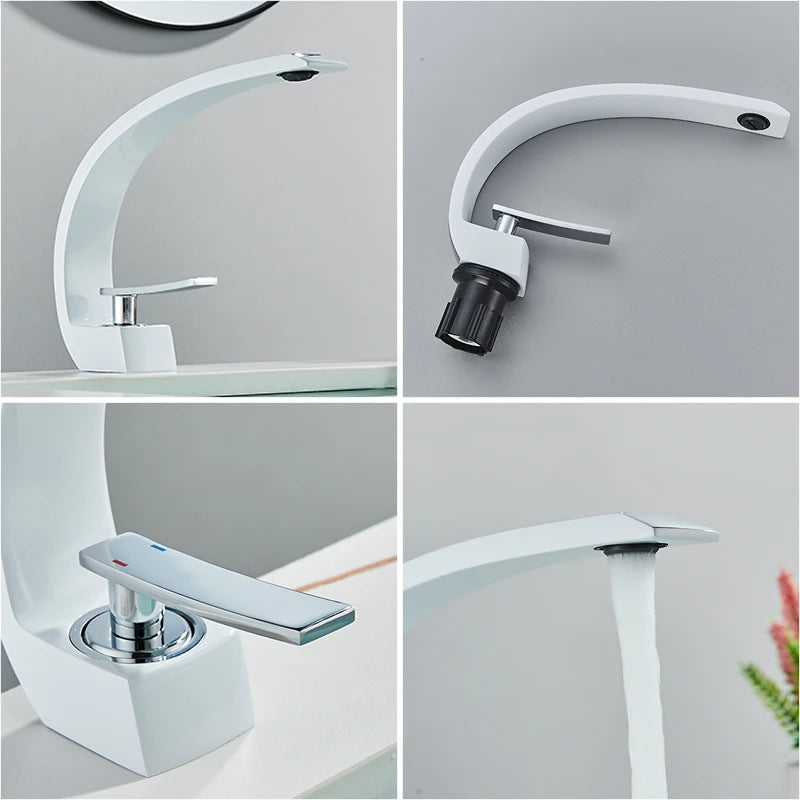 White Chrome Nordic Bathroom Basin Faucet - Deck Mounted Brass Mixer Tap for Vessel Sink