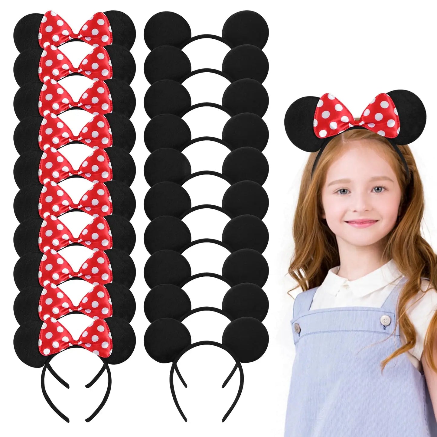 12-Piece Mickey & Minnie Mouse Ear Headband Set - Black with Red and Pink Disney Bow - Perfect for Birthday Parties and Gifts