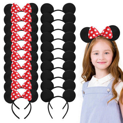 12-Piece Mickey & Minnie Mouse Ear Headband Set - Black with Red and Pink Disney Bow - Perfect for Birthday Parties and Gifts