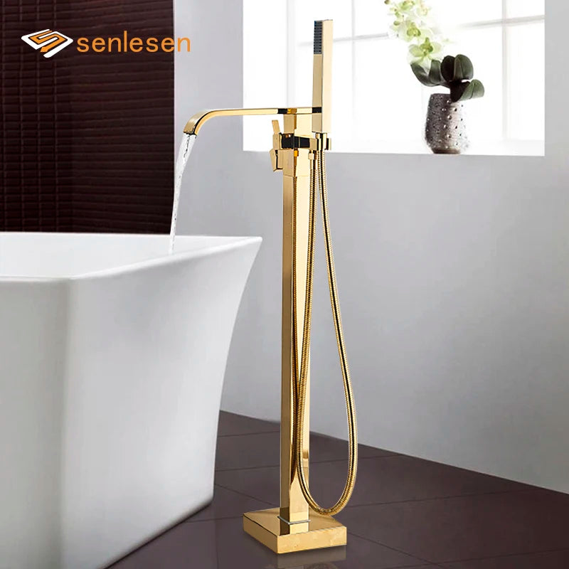 Golden Floor Standing Bathtub Faucet - Brass Waterfall Spout with Hot and Cold Mixer Tap