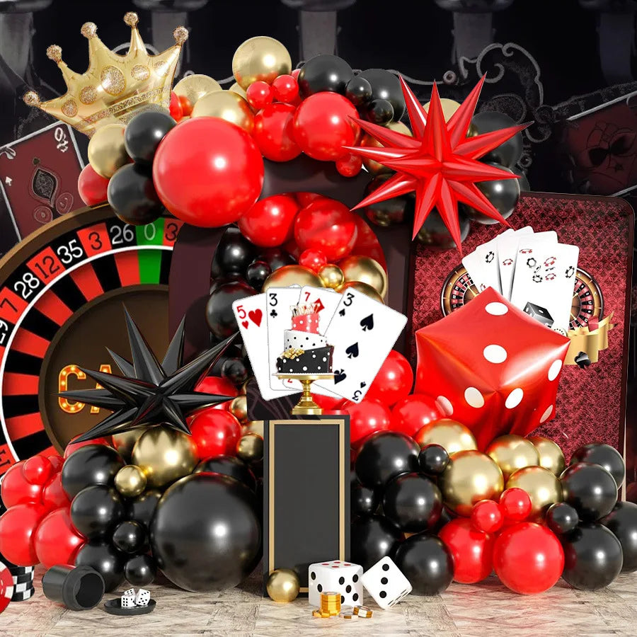 Las Vegas Casino Party Balloon Set: Red, Black, and Gold Garland Arch with Starburst Foil and Dice Balloons