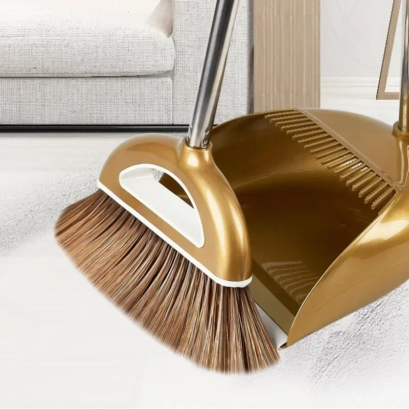 High-Quality Cleaning Set - Durable Broom, Dustpan, and Floor Wiper in Gold