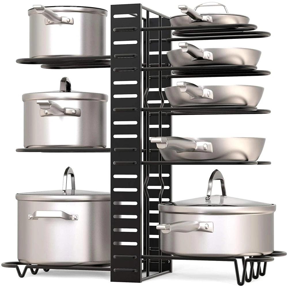 Adjustable 5/8-Tier Heavy Duty Metal Pot and Pan Organizer Rack – 3 DIY Setup Options for Kitchen Storage