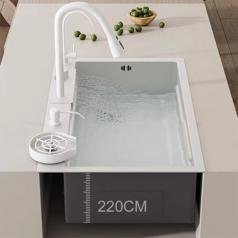 Nano Multifunction White Stainless Steel Kitchen Sink – Waterfall Faucet, Large Single Bowl, Cup Washer, Pure Tap, & Soap Dispenser