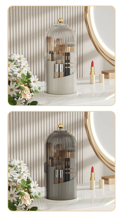 360° Rotating Luxury Makeup Brush Holder with Lid – Elegant Cosmetic Organizer for Lipsticks, Eyebrow Pencils, and Eye Shadow Storage