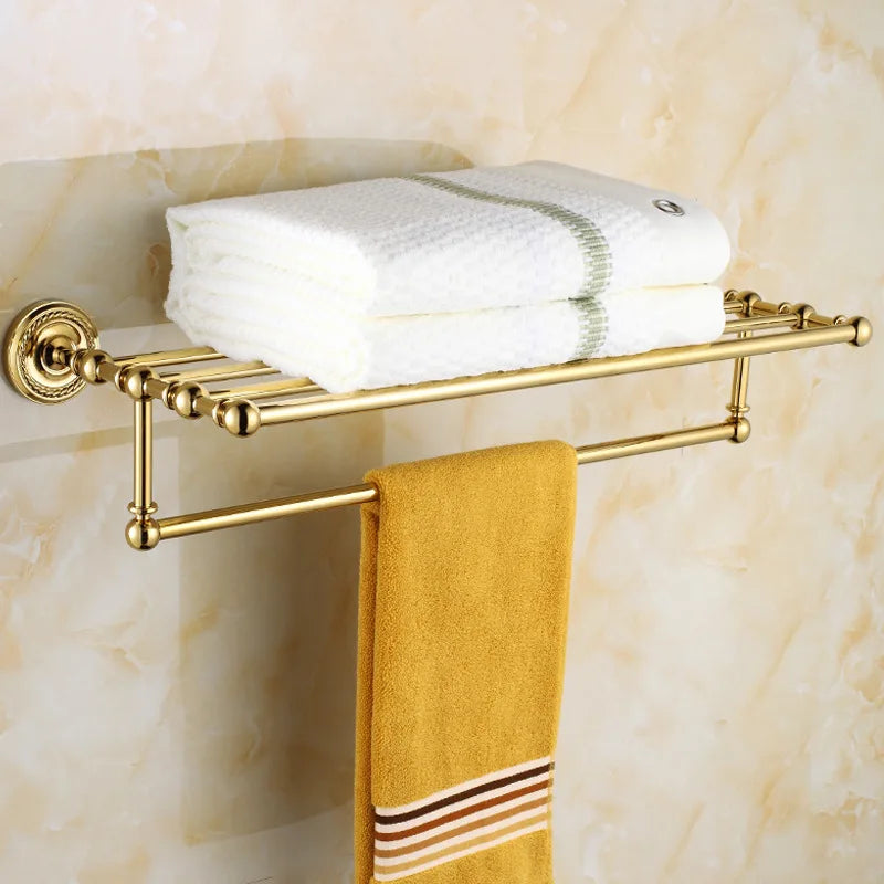 Solid Brass Bathroom Hardware Set - Gold Polished Toothbrush Holder, Paper Holder, Towel Bar, and Towel Rack