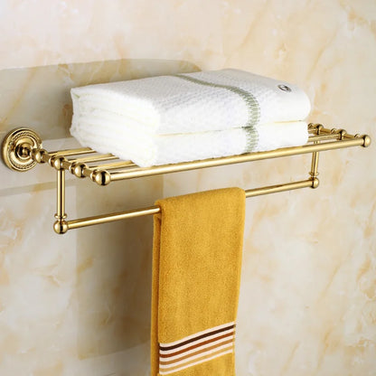 Solid Brass Bathroom Hardware Set - Gold Polished Toothbrush Holder, Paper Holder, Towel Bar, and Towel Rack