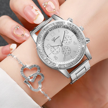 6-Piece Women's Watch Set: Fashionable Rhinestone-Embellished Quartz Watches with Stainless Steel Bands and Double Heart Design (Jewelry Set, No Box Included)