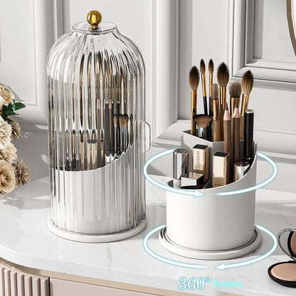 360° Rotating Luxury Makeup Brush Holder with Lid – Elegant Cosmetic Organizer for Lipsticks, Eyebrow Pencils, and Eye Shadow Storage