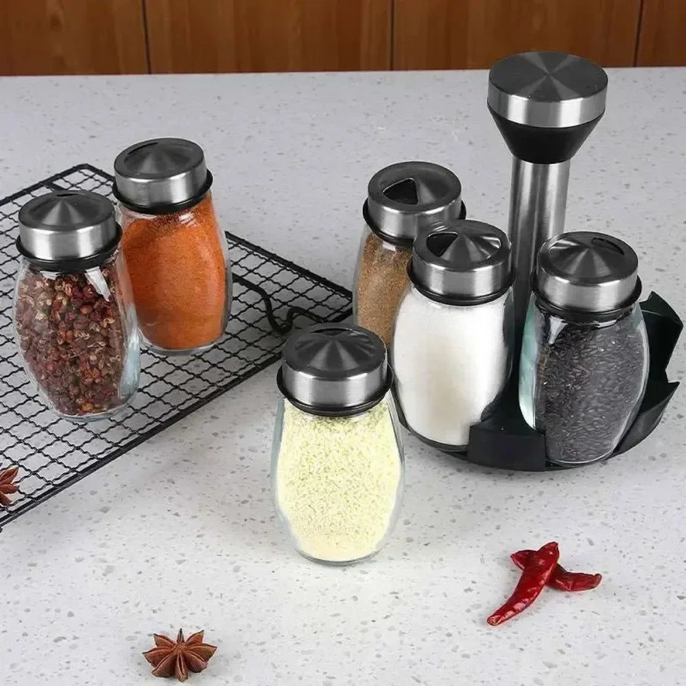 1/7-Piece Spice Jar Set with Rotating Rack - Glass Seasoning Organizers with Salt and Pepper Shakers