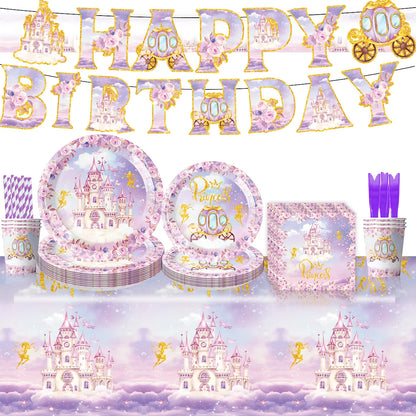 Purple Disney Princess Birthday Party Supplies: Plates, Paper Towels, and Cups for Girls' Princess Baby Shower