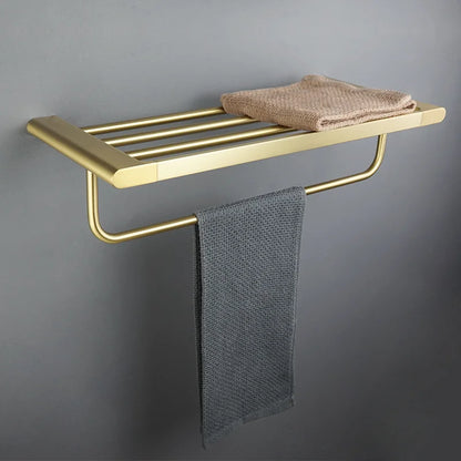 Brushed Gold Bathroom Accessory Set: Towel Bar, Toilet Paper Holder, Towel Rack, Hook, Toilet Brush, and Soap Dispenser