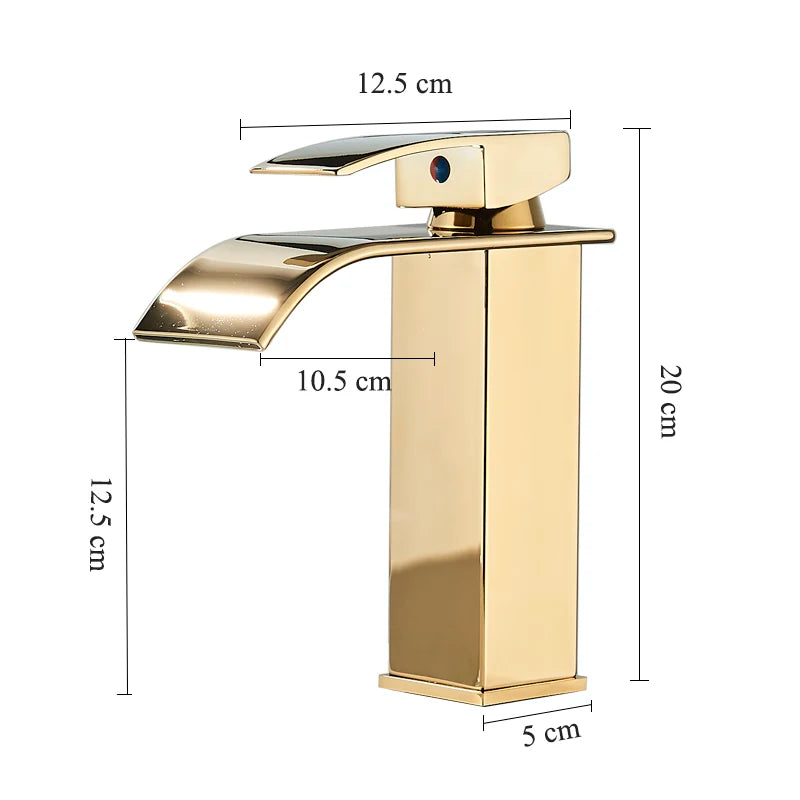 Gold Bathroom Basin Faucet - Waterfall Outlet Sink Mixer with Deck Installation, Cold and Hot Mixing Crane