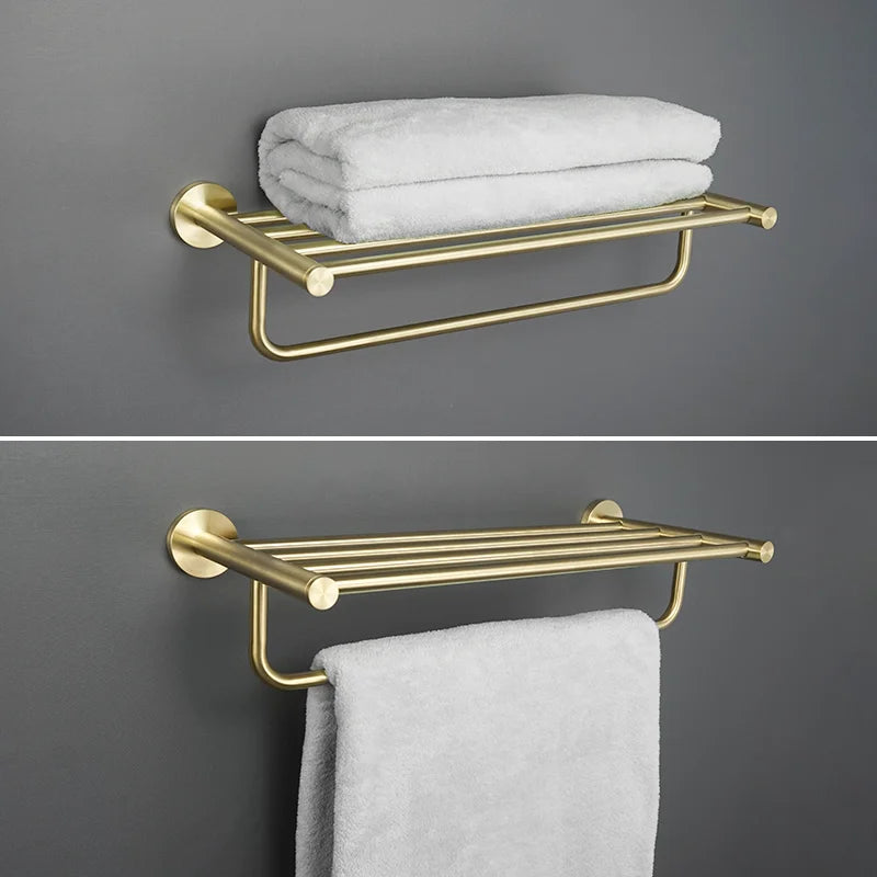 Brushed Gold Bathroom Wall-Mount Shelf & Accessory Set: Includes Toilet Paper Holder, Towel Bar, Rack, Rod, and Robe Hook