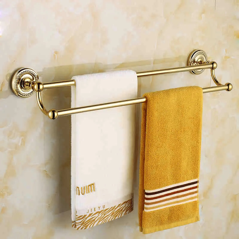 Solid Brass Bathroom Hardware Set - Gold Polished Toothbrush Holder, Paper Holder, Towel Bar, and Towel Rack