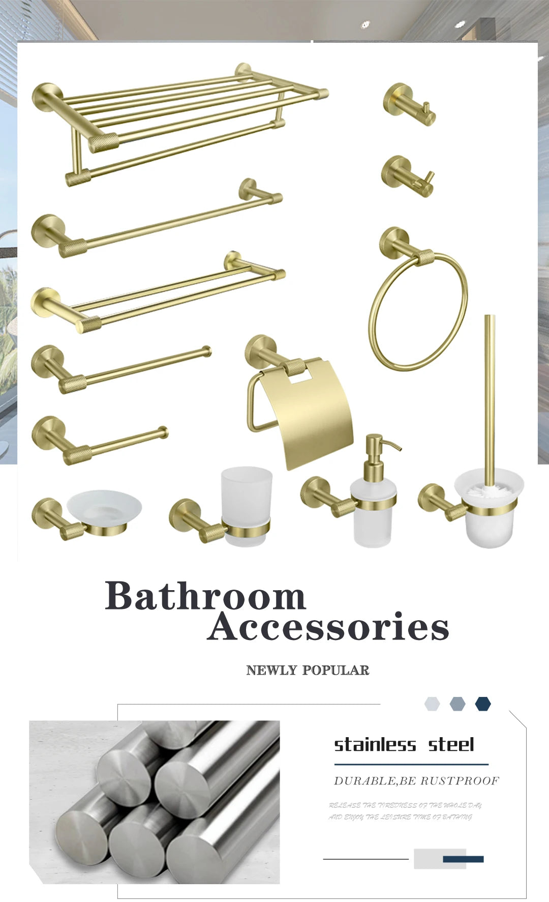 Badezimmer-Hardware-Set aus gebürstetem Gold – wandmontierte Handtuchstange, Toilettenpapierhalter, Bademantelhaken und Tassenhalter