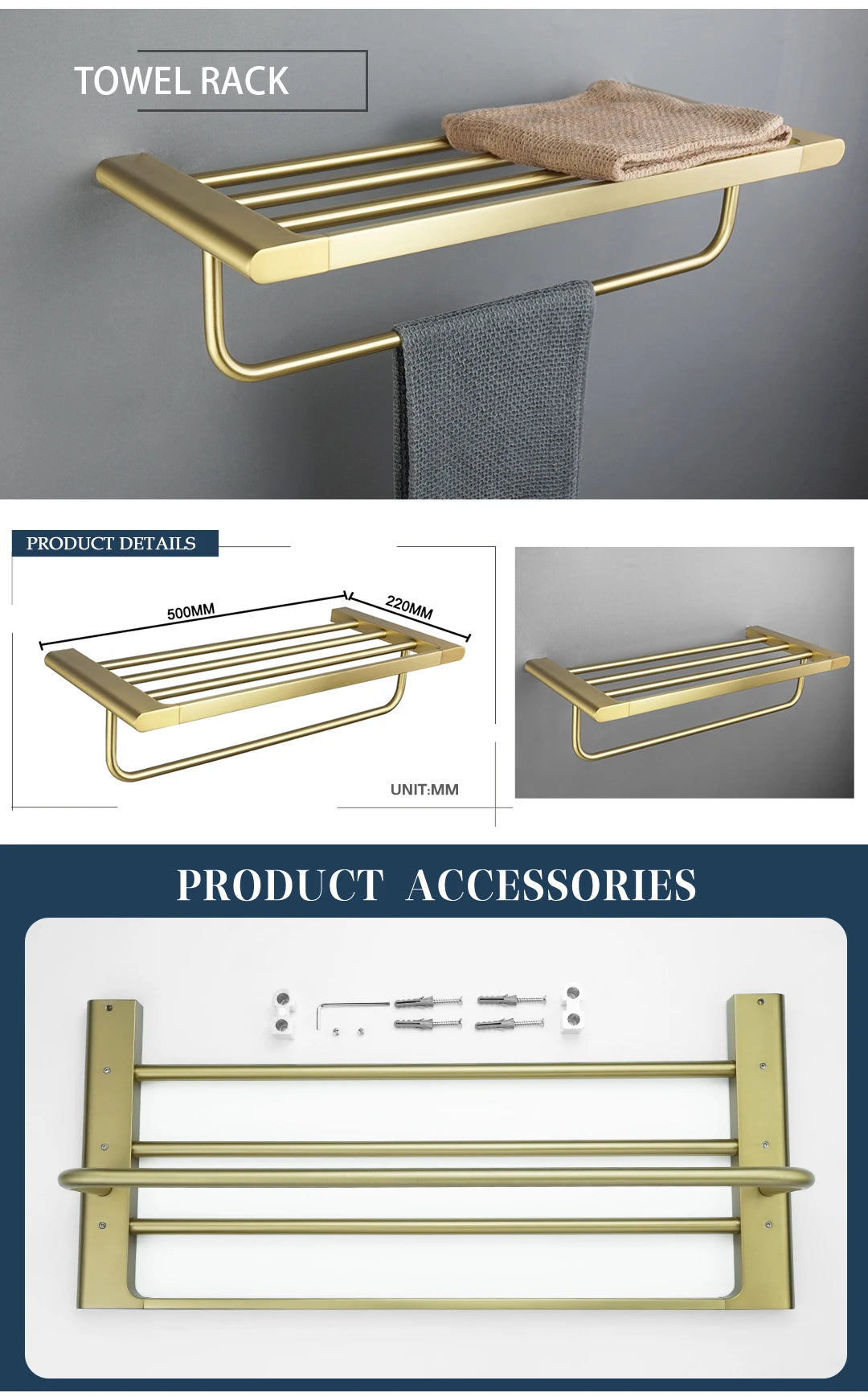 Brushed Gold Bathroom Accessory Set: Towel Bar, Toilet Paper Holder, Towel Rack, Hook, Toilet Brush, and Soap Dispenser